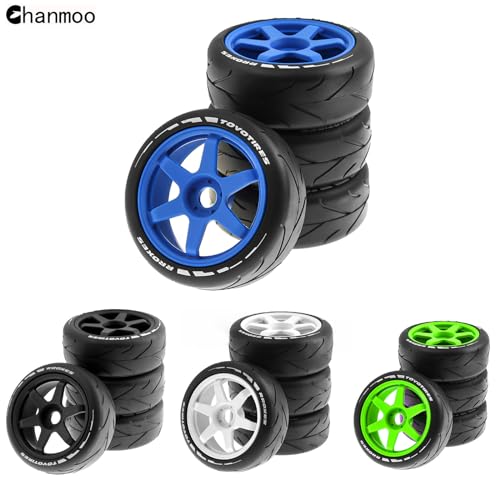 1/8 RC On Road Tires And Hard Plastic Drift Wheels 17mm Hex Rally Racing Tyres For 1:8 Scale Touring Street Car Tamiya HPI WR8 HSP Hobao ARRMA Redcat Losi Kyosho VRX W10 4PCS (Blue) - color: Blue