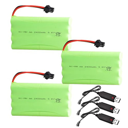 3Pcs 9.6V 2400mAh NI-MH Battery Pack RC Replacement Rechargeable AA Battery Pack with SM-2P USB Charger Cable for Toys,Drone,Remote Control Car Accessory