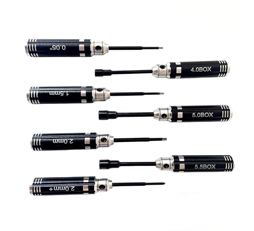 Mini RC Hex Screwdriver Nut Driver Set 7pcs for 1/18 1/24 TRX4M SCX24 FCX24 | 7 tools: 1.27/1.5/2.0mm hex, 4.0/5.0/5.5mm nut drivers, Phillips 2.0mm. Aluminum handles, steel bits. For TRX4M SCX24 FCX24.