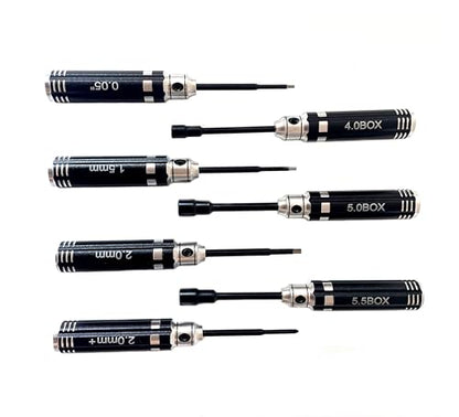 Mini RC Hex Screwdriver Nut Driver Set 7pcs for 1/18 1/24 TRX4M SCX24 FCX24 | 7 tools: 1.27/1.5/2.0mm hex, 4.0/5.0/5.5mm nut drivers, Phillips 2.0mm. Aluminum handles, steel bits. For TRX4M SCX24 FCX24.