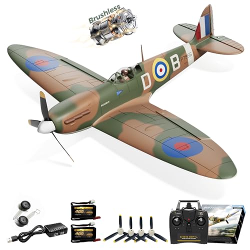 CKYSCHN VOLANTEXR Brushless RC Plane 500mm with X-Pilot Gyro for Adults | Spitfire Fighter 4CH RC Airplane, 3 Level Modes, Aerobatic Outdoor Flying, RTF Remote Control Airplane with 2 Batteries - color: Brown-76805