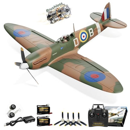 CKYSCHN VOLANTEXR Brushless RC Plane 500mm with X-Pilot Gyro for Adults | Spitfire Fighter 4CH RC Airplane, 3 Level Modes, Aerobatic Outdoor Flying, RTF Remote Control Airplane with 2 Batteries - color: Brown-76805