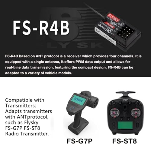 Flysky FS-R4B Receiver 2.4GHz 4CH ANT for RC Car/Boat | ANT Protocol with 4 PWM Channels. Single Antenna for Stable Signal. Real‑time Data Transmission for FS‑G7P & FS‑ST8