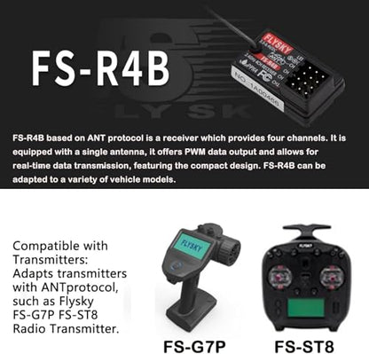 Flysky FS-R4B Receiver 2.4GHz 4CH ANT for RC Car/Boat | ANT Protocol with 4 PWM Channels. Single Antenna for Stable Signal. Real‑time Data Transmission for FS‑G7P & FS‑ST8