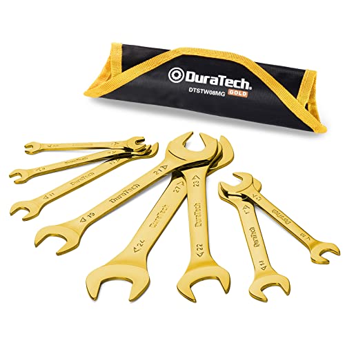 DURATECH Super-Thin Open End Wrench Set, 8-Piece, Metric | Slim Wrench Set, 5.5, 7, 8, 9, 10, 11, 12, 13, 14, 17, 19, 21, 22, 23, 24, 27 mm, Titanium Plating, Rolling Pouch - color: Gold, size: Metric