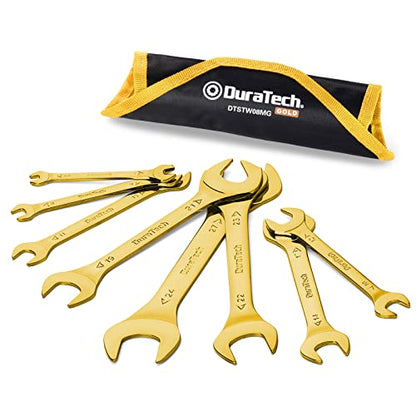 DURATECH Super-Thin Open End Wrench Set, 8-Piece, Metric | Slim Wrench Set, 5.5, 7, 8, 9, 10, 11, 12, 13, 14, 17, 19, 21, 22, 23, 24, 27 mm, Titanium Plating, Rolling Pouch - color: Gold, size: Metric