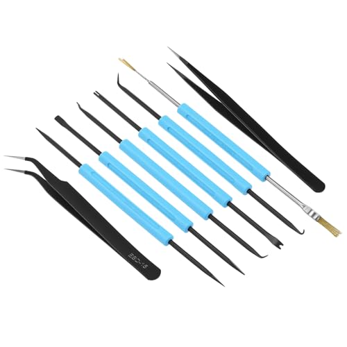 QWORK Professional Welding Auxiliary Tools Set, 6 Double-sided Repair Tools & 2 Anti-static Precision Tweezers for Electronic Repair, Soldering, and Grinding