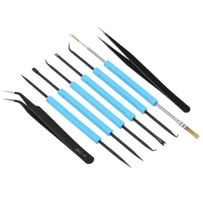 QWORK Professional Welding Auxiliary Tools Set, 6 Double-sided Repair Tools & 2 Anti-static Precision Tweezers for Electronic Repair, Soldering, and Grinding