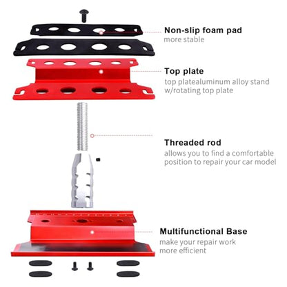 RC Car Work Stand Aluminum Repair Workstation 360 Degree Rotation Lift Lower w/Screw Tray Tools for 1/10 1/12 1/16 Scale Traxxas TRX4 Axial Arrma Redcat Losi RC Crawler Monster Truck Buggy (Red) - color: Red