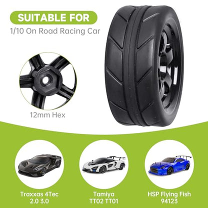 Pre-Glued OD 2.55" 12mm Hex Wheels Rims and Rubber Tires for Traxxas Tamiya HPI HSP Redcat RC 1/10 On Road Racing Car, Set of 4 (Color C) - color: Color C