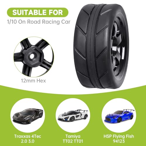 Pre-Glued OD 2.55" 12mm Hex Wheels Rims and Rubber Tires for Traxxas Tamiya HPI HSP Redcat RC 1/10 On Road Racing Car, Set of 4 (Color C) - color: Color C