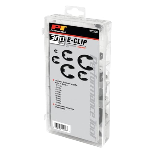 Performance Tool W5208 300-Piece E-Clip Assortment, Black | Includes 9 popular sizes of external retaining rings. Packed in a convenient re-sealable plastic case - size: 300 pc. E-Clip Assortment