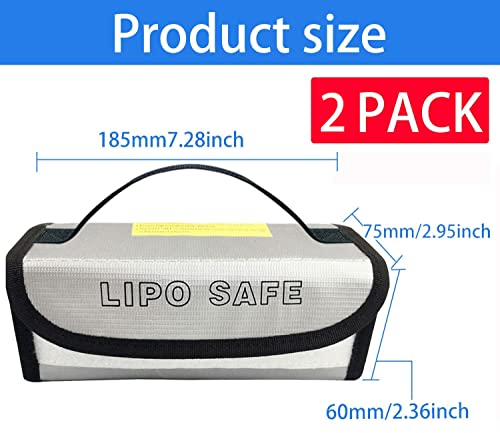 2PCS 185x75x60mm Small Lipo Battery Safe Bag Fireproof Explosionproof for Lipo Battery Pack Storage Charging Transport, Home Office Travel Fireproof Safe Storage Pouch - size: 185*75*60mm