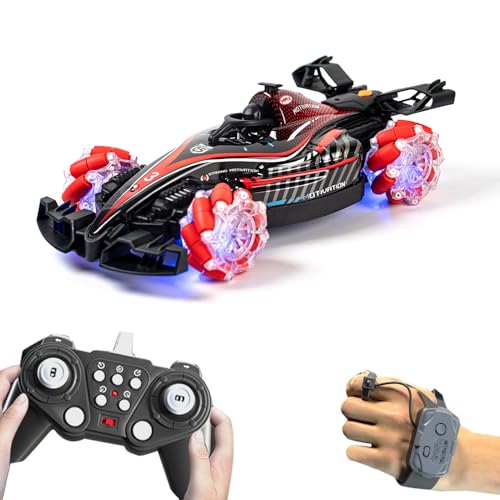 RC Stunt Car, Gesture Sensing Remote Control Car with Sound Lights and Spray, 2.4GHz 4WD 360° Rotating RC Cars for Teens (Red) - color: Red, size: 1 Battery
