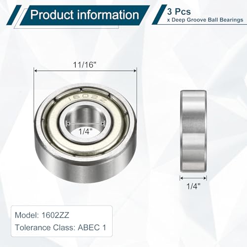 uxcell 3 Pcs 1602ZZ Deep Groove Ball Bearing 1/4" x 11/16" x 1/4" Double Metal Sealed, Chrome Steel Bearings - size: 1602ZZ 1/4" x 11/16" x 1/4"
