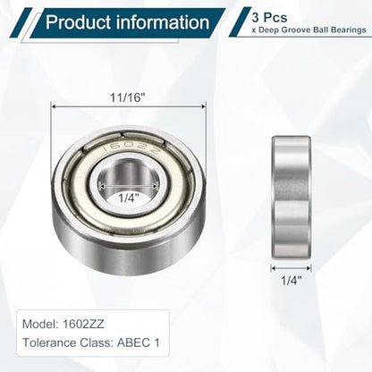 uxcell 3 Pcs 1602ZZ Deep Groove Ball Bearing 1/4" x 11/16" x 1/4" Double Metal Sealed, Chrome Steel Bearings - size: 1602ZZ 1/4" x 11/16" x 1/4"