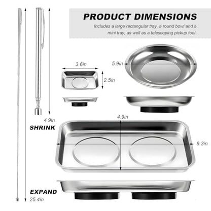 4PCS Magnetic Tray Set with Magnet Stick, Round Rectangular Tray Metal Parts Holder w/Telescoping Pickup Tool, Automotive Stainless Steel Thickened Trays for Screws, Nuts, Bolts