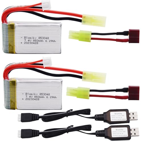 Blomiky 2 Pack 7.4V 850mAh 6.29Wh Li-PO Rechargeable Battery with Mini Tamiya Plug Suitable for 1/18 Scale 9310YL 9310 9301E 9302E 9303E 9034E 9305E RC Car Truck / 9300 850 2