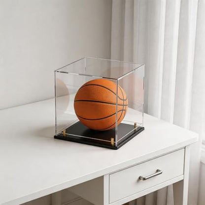 Acrylic Display Case with Raised Shelf & Ball Holder, Clear Display Box with Black Base & Gold Standoffs, Dustproof Showcase for Fullsize Basketball – Easy Assembly (12×12×12 Inch) - size: 12"L x 12"W x 12"H (with Ball Position)