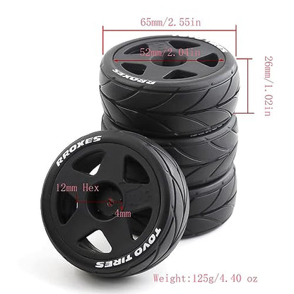 Lifehead 65mm On Road Rubber Tires& Wheels Rims 12mm Hex Hub for HPI Ken Block's Tamiya XV01 TT01 TT02B Kyosho FAZER MK2 Lc Racing PTG HSP RGT RC 3RACING D5 1/10 RC Rally Car - color: Black 2