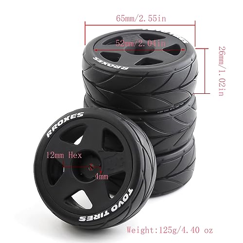 Lifehead 65mm On Road Rubber Tires& Wheels Rims 12mm Hex Hub for HPI Ken Block's Tamiya XV01 TT01 TT02B Kyosho FAZER MK2 Lc Racing PTG HSP RGT RC 3RACING D5 1/10 RC Rally Car - color: Black 2