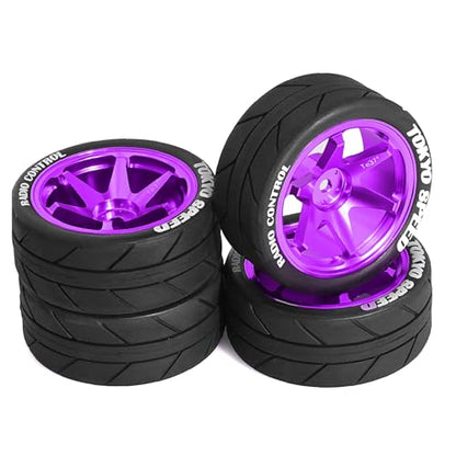 1/10 On Road Tires and Aluminum Wheels 12mm Hex RC Rally Racing Tyres OD 2.56" for Tamiya TT01 TT02 XV01 TA06 A959 PTG2 HPI KYOSHO PTG2 Traxxas 1:10 Street Touring Drift Car 4PCS (Purple) - color: Purple