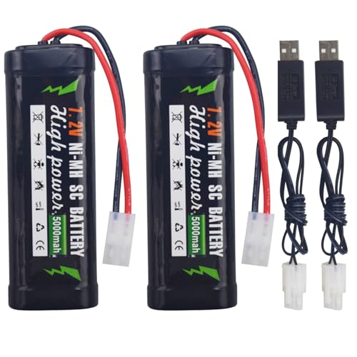 sea jump 2PCS 7.2V 5000mAh NiMH Battery with KET-2P Plug and USB Charger Suitable for RC Truggy Buggy Tank Racing Remote Control Car Truck High-Power Battery with Tamiya Connector