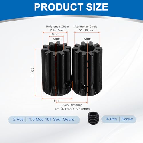 uxcell 2Pcs 1.5 Mod 10T Spur Gear 8mm Bore, 1045 Steel Pinion Gear Black Surface Treatment, 20°Pressure Angle, for Spur Rack and RC Model Car or Motor DIY - size: 1.5 Mod 10T, 8mm