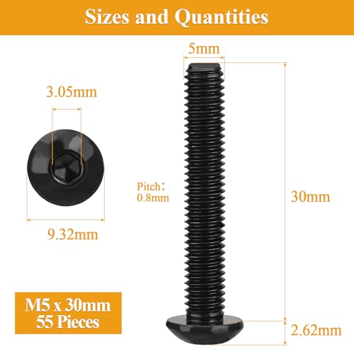 55 Pieces M5 x 30mm Button Head Socket Cap Screws, Thread Pitch 0.8mm, Sutemribor M5 Black Screws, 10.9 Grade Alloy Steel, Black Oxide Finish, Fully Threaded - size: M5 x 30mm, style: Button Head