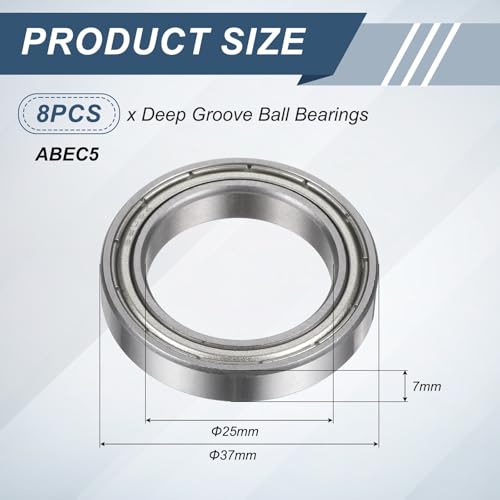 uxcell 8Pcs 6805ZZ 25mmx37mmx7mm Deep Groove Ball Bearings, Double Metal Shielded Bearing Steel ABEC5 High Performance for Industrial Machinery Precision Transmission, Silver - size: 6805ZZ 25mmx37mmx7mm