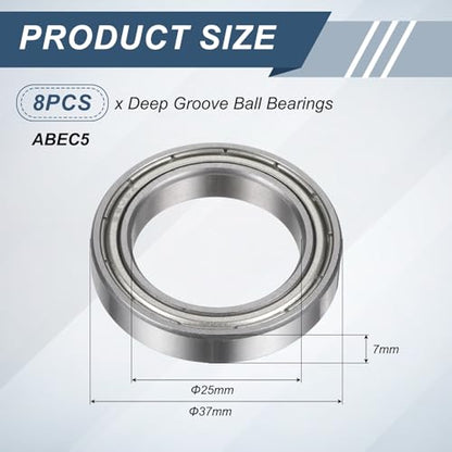 uxcell 8Pcs 6805ZZ 25mmx37mmx7mm Deep Groove Ball Bearings, Double Metal Shielded Bearing Steel ABEC5 High Performance for Industrial Machinery Precision Transmission, Silver - size: 6805ZZ 25mmx37mmx7mm
