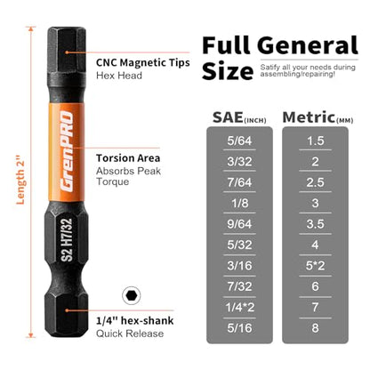 GRENPRO Allen Wrench Drill Bit Set, Metric & SAE, 22-Piece Impact Hex Bits | 2-Inch Magnetic Allen Key Bits with 1/4-Inch Hex Shanks Fit Impact Drivers and Screwdrivers for Automotive and Home Repair - size: 2" 22pcs(Metric&SAE)