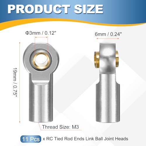 MECCANIXITY Pack of 11 Metal Tie Rod Ends M3xL19mm Steering Ball Silver | Joints Link, for 1/10 RC Hobby Car Truck Crawler DIY Upgrade - color: Silver