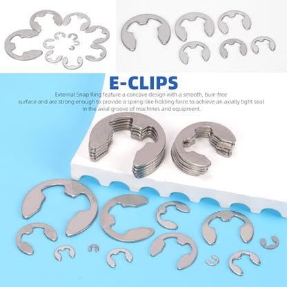 Glarks 211pcs 304 Stainless Steel E-Clips Retaining Rings Assortment Set 14 Sizes E-Ring Circlip Rings Heat Treated External Retaining Clips E-Clips Retainer Circlip Rings with Tweezers for Gears