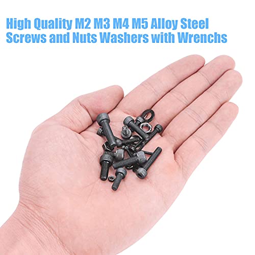 DYWISHKEY 1220 PCS M2 M3 M4 M5, 12.9 Grade Alloy Steel Hex Socket Head Cap Bolts Screws Nuts Washers Assortment Kit with Hex Wrenches - color: carbon black