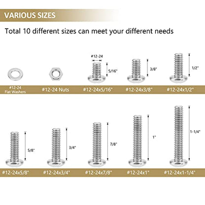 104 Pieces #12-24x 5/16", 3/8", 1/2", 5/8", 3/4", 7/8", 1", 1-1/4", Phillips Pan Head Machine Screws Nuts Washers Assortment Kit, 304 Stainless Steel, Fully Machine Thread - size: #12-24