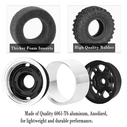RC 1.0 Beadlock Wheel Tires Set Aluminium Alloy Wheel Tires&Wheels Rims for 1/24 1/18 SCX24 Trx4m RC Crawler Car,RC Wheels and Tires,4PCS（Black) - color: Black - (Rc Wheels Tires)