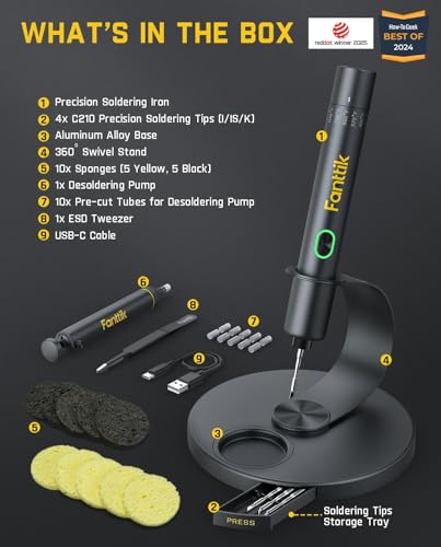 Fanttik T1 Max Soldering Iron Kit, Cordless Soldering Iron | 7s Fast Heating(390°F-840℉), Auto Sleep, 4 Pcs Soldering Tips(C210), 360° Swivel Stand, Soldering Iron for Precision Repair