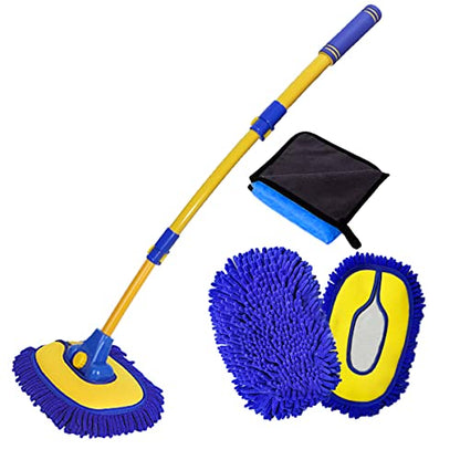 BMLEI Car Wash Brush with Long Handle, 15° Curved Cleaning Mop Car Wash Kit | Microfiber Replacement Head, Car Duster Exterior, Extension Pole, , Scratch-free, Car Cleaning Brush for Cars Trucks RV Boats - color: Blue Mop With Blue Washing Cloth
