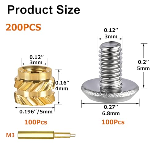 200Pcs Threaded Inserts Bolt Set 100pcs M3x4x5 Heat Set Insert Brass Nut with 100pcs Bolt for 3D Printed Plastic Parts - size: (200pcs) M3x4x5