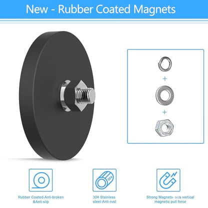 65LBS Mounting Magnets 2Pack, Rubber Coated Neodymium Magnets with M8 Threaded Stud, Non-Slip Strong Mounting Magnet for Led Lighting Bar, Rubberized Magnet Base for Signal Lighting Camera - size: M8/2-pack 65lbs