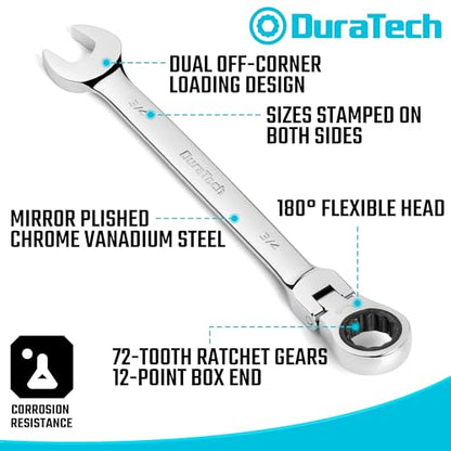 DURATECH Flex Head Ratcheting Wrench Set, 22-piece, Metric & SAE | Combination Wrench Set, 1/4" to 3/4" & 6-18mm, CR-V Steel, Mirror Polished, With Pouch - size: 1/4"-3/4" & 6mm-18mm