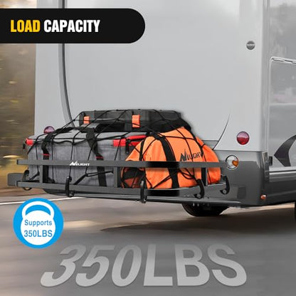 Nilight 32”×26”×4” RV Bumper Mounted Cargo Rack Carrier with Net Fits 4-inch or 4-1/2-inch Bumpers Heavy Duty Luggage Holder Basket for RV Camping Traveling Capacity 350LBS - style: 32”×26”×4” RV Bumper Mounted w/Net