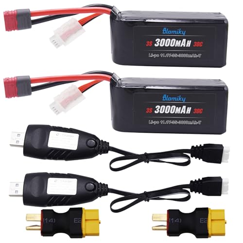 Blomiky 2 Pack 11.1V 3000mAh 33.3Wh 30C Li-Po Rechargeable T Plug Shorty Battery with XT60 Converter and Cable Suitable for Some 1/8 1/10 1/12 1/14 H14BM RC Cars /11.1V 3000mAh T 2