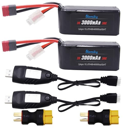 Blomiky 2 Pack 11.1V 3000mAh 33.3Wh 30C Li-Po Rechargeable T Plug Shorty Battery with XT60 Converter and Cable Suitable for Some 1/8 1/10 1/12 1/14 H14BM RC Cars /11.1V 3000mAh T 2