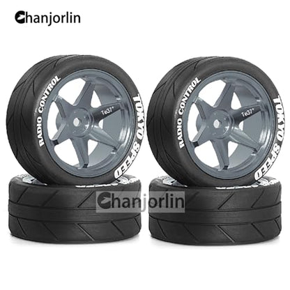 1/10 On Road Tires And Aluminum Wheels 12mm Hex RC Rally Racing Tyres OD 2.56" For Tamiya TT01 TT02 XV01 TA06 A959 PTG2 HPI KYOSHO PTG2 Traxxas 1:10 Street Touring Drift Car 4PCS (Titanium) - color: Titanium
