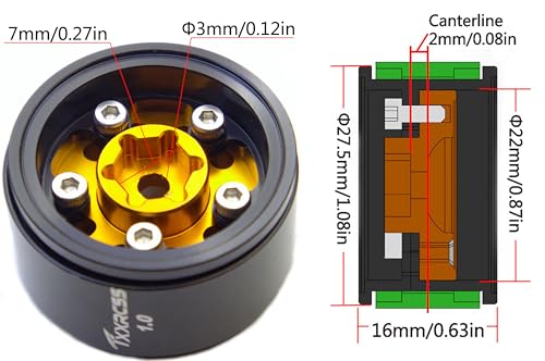RC 1.0 Beadlock Wheels Offsets -2 Aluminum Rims for AX24 1/18 TRX4M All 1/24 Scale SCX24 Deadbolt RC Crawler Car Wheels Upgrades 4Pc (Golden & Black) - color: Golden & Black