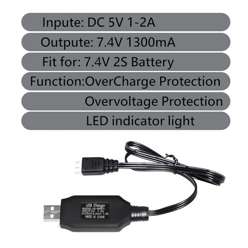 7.4V USB Charger Cable with XH-3P Plug 1.3A Fast Charging for Axial SCX10 SCX24 RC Car and Gel Splatter Blasters SRB400 for Universal 7.4V 2S Lipo Battery Airsoft
