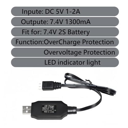 7.4V USB Charger Cable with XH-3P Plug 1.3A Fast Charging for Axial SCX10 SCX24 RC Car and Gel Splatter Blasters SRB400 for Universal 7.4V 2S Lipo Battery Airsoft