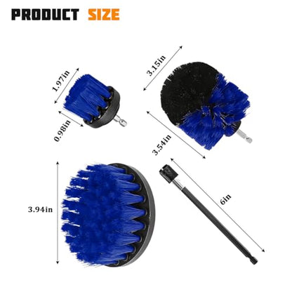4PCS Drill Brush Attachment Kit with Extension Rod, Blue | PP bristles with steel shafts, three brush sizes, quick-change extension rod, follows curved surfaces, compact storage - color: Blue